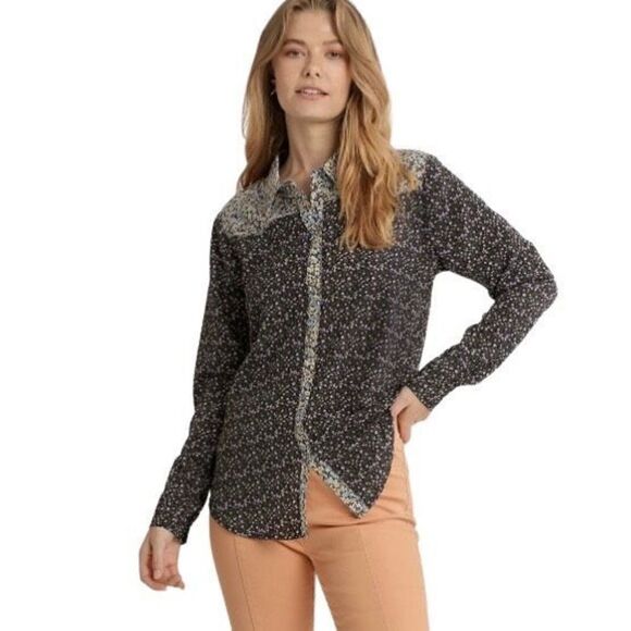 Umgee Mixed Floral Print Western Yoke Collared Snap Front Shirt Medium - Picture 1 of 11